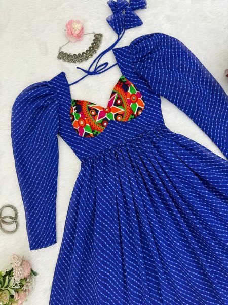 Designer Blue Georgette Gown with Digital Print  Chain Stitch and Padded Design For Navratri Anarkali Kurtis 