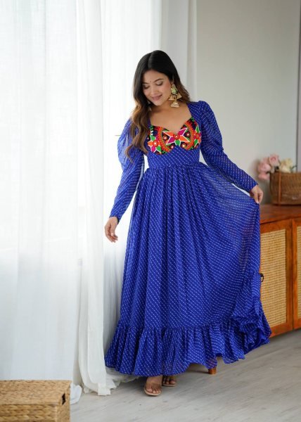 Designer Blue Georgette Gown with Digital Print  Chain Stitch and Padded Design For Navratri Anarkali Kurtis 