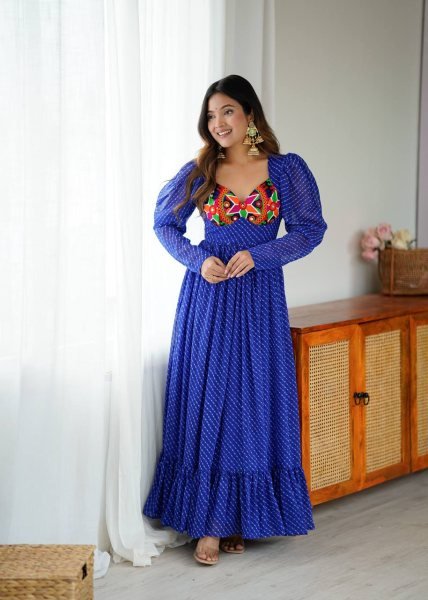 Designer Blue Georgette Gown with Digital Print  Chain Stitch and Padded Design For Navratri Anarkali Kurtis 