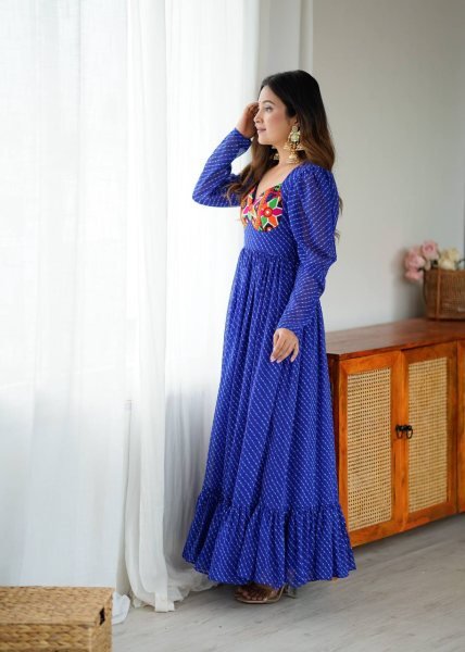 Designer Blue Georgette Gown with Digital Print  Chain Stitch and Padded Design For Navratri Anarkali Kurtis 