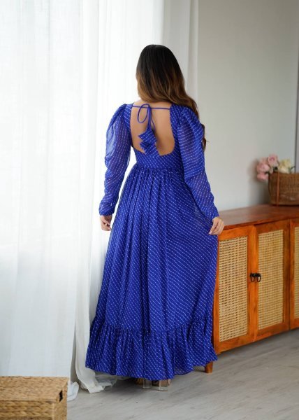 Designer Blue Georgette Gown with Digital Print  Chain Stitch and Padded Design For Navratri Anarkali Kurtis 