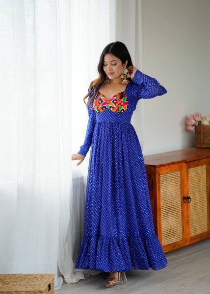 Designer Blue Georgette Gown with Digital Print  Chain Stitch and Padded Design For Navratri Anarkali Kurtis 