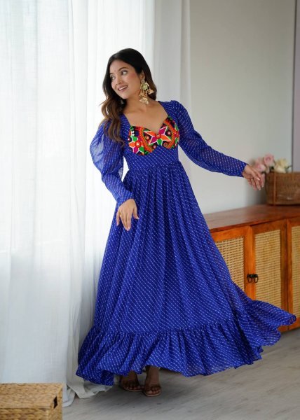 Designer Blue Georgette Gown with Digital Print  Chain Stitch and Padded Design For Navratri Anarkali Kurtis 