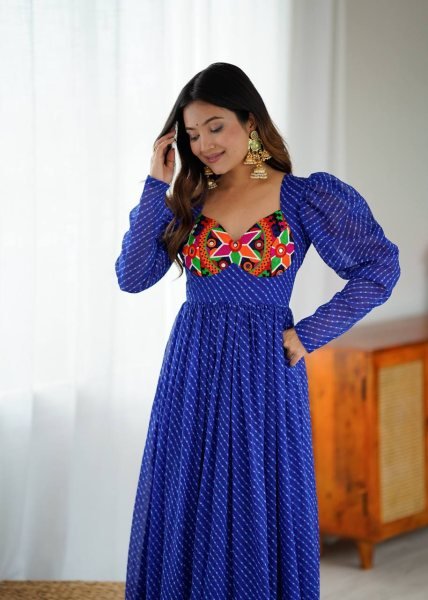Designer Blue Georgette Gown with Digital Print  Chain Stitch and Padded Design For Navratri Anarkali Kurtis 