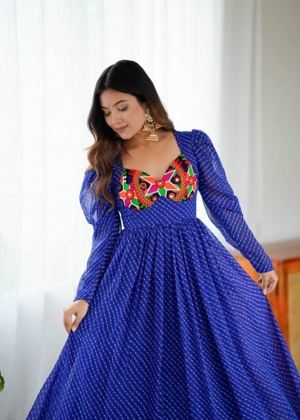 Designer Blue Georgette Gown with Digital Print  Chain Stitch and Padded Design For Navratri Anarkali Kurtis 