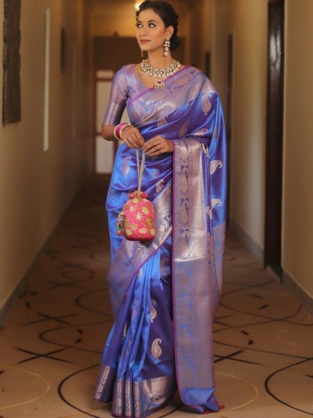 Designer Blue Soft Banarasi Silk Saree With Magnetic Blouse Piece Sarees 