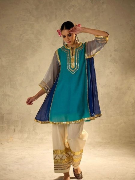 Designer Chanderi Co Ord Kurti Set with Gopatti Lace Work 