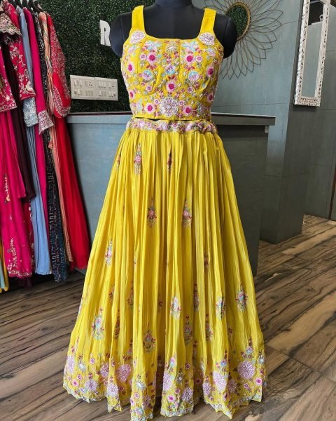 Designer Chinnon Lehenga Choli Set Fully Stitched Tube Choli with Koti & Heavy Embroidery Work Top Quality Bridal & Party Collection Designer Lehenga Choli