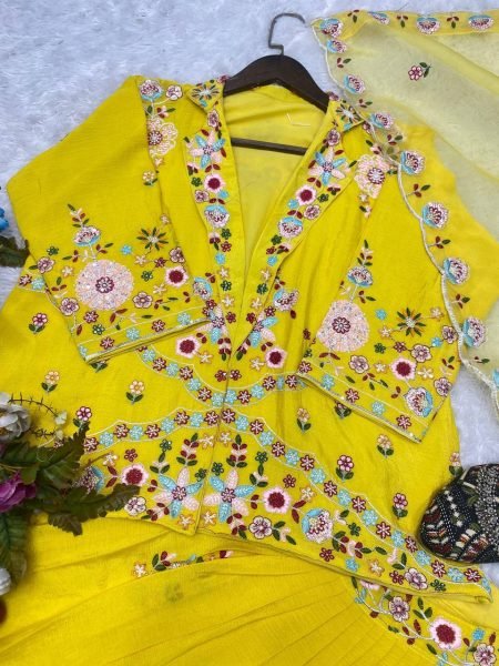 Designer Chinnon Lehenga Choli Set Fully Stitched Tube Choli with Koti & Heavy Embroidery Work Top Quality Bridal & Party Collection Designer Lehenga Choli