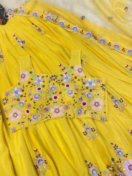 Designer Chinnon Lehenga Choli Set Fully Stitched Tube Choli with Koti & Heavy Embroidery Work Top Quality Bridal & Party Collection Designer Lehenga Choli