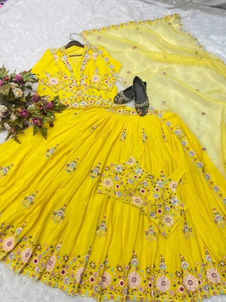 Designer Chinnon Lehenga Choli Set Fully Stitched Tube Choli with Koti & Heavy Embroidery Work Top Quality Bridal & Party Collection Designer Lehenga Choli