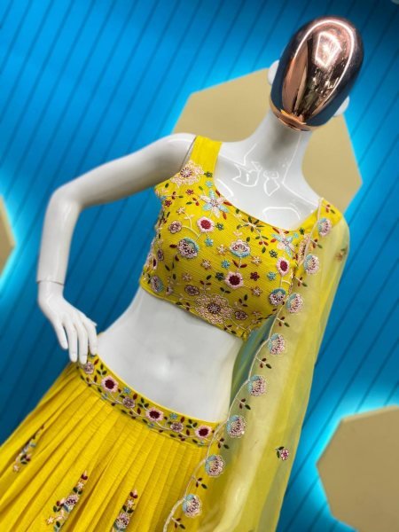 Designer Chinnon Lehenga Choli Set Fully Stitched Tube Choli with Koti & Heavy Embroidery Work Top Quality Bridal & Party Collection Designer Lehenga Choli