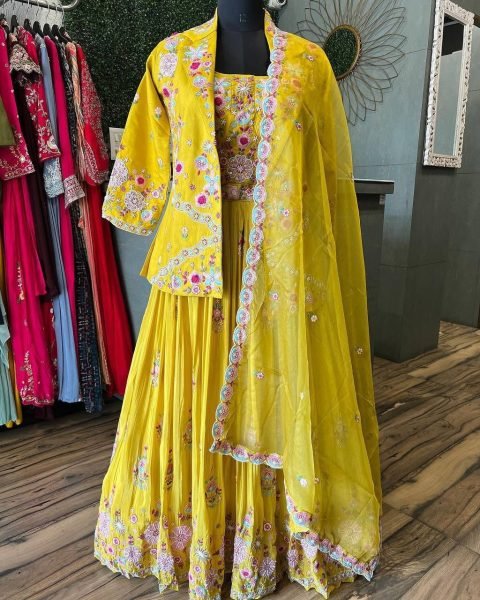 Designer Chinnon Lehenga Choli Set Fully Stitched Tube Choli with Koti & Heavy Embroidery Work Top Quality Bridal & Party Collection Designer Lehenga Choli