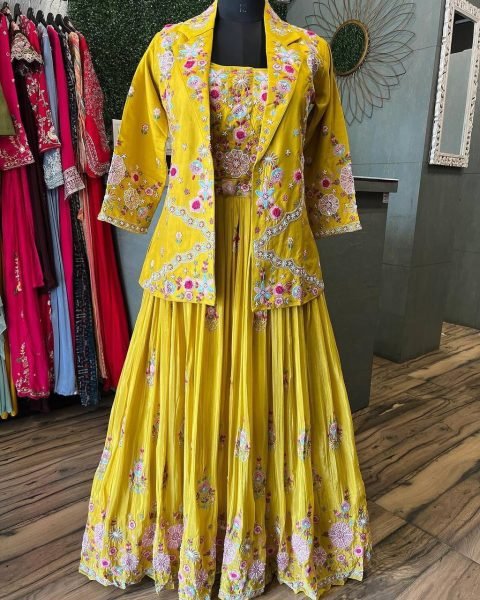 Designer Chinnon Lehenga Choli Set Fully Stitched Tube Choli with Koti & Heavy Embroidery Work Top Quality Bridal & Party Collection Designer Lehenga Choli