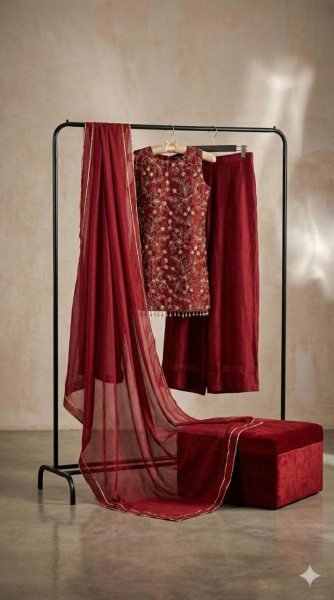 Designer Chinnon Silk A Line Kurti with Embroidery Work and Dupatta For Special Occasions Ready To Wear Collection