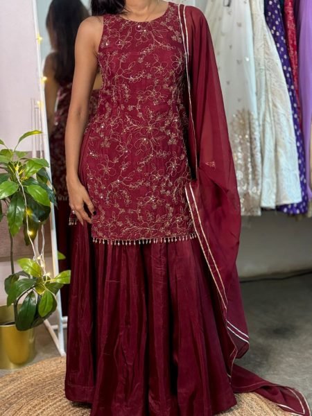 Designer Chinnon Silk A Line Kurti with Embroidery Work and Dupatta For Special Occasions Ready To Wear Collection