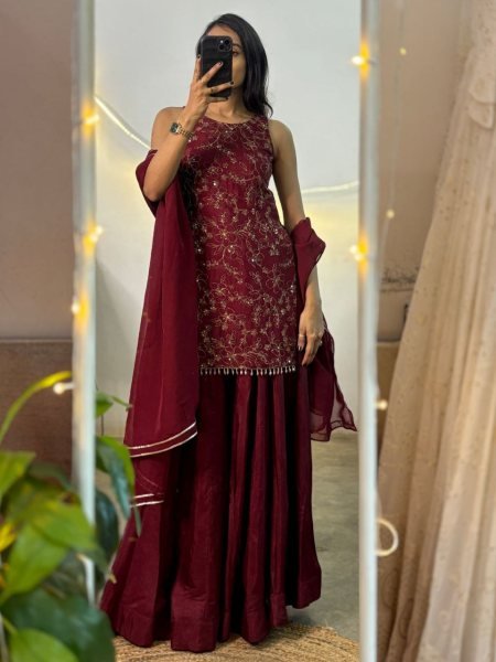 Designer Chinnon Silk A Line Kurti with Embroidery Work and Dupatta For Special Occasions Ready To Wear Collection