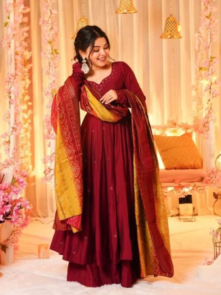 Designer Chinnon Silk Gown With Flair Plazzo And Digital Print Dupatta 