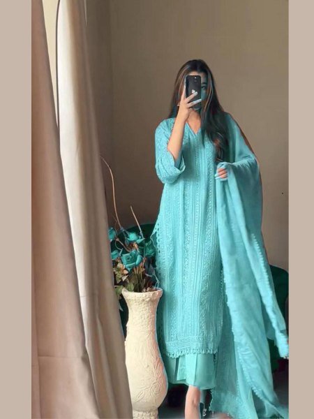 Designer Chinon   Cotton Kurta Set with Thread Embroidery Festival Wear Palazzo Set for Women Indian Clothing Exporter 