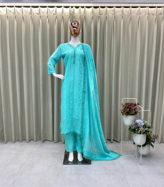 Designer Chinon   Cotton Kurta Set with Thread Embroidery Festival Wear Palazzo Set for Women Indian Clothing Exporter  Lucknowi Chikankari Kurtis Wholesale