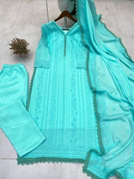 Designer Chinon   Cotton Kurta Set with Thread Embroidery Festival Wear Palazzo Set for Women Indian Clothing Exporter  Lucknowi Chikankari Kurtis Wholesale