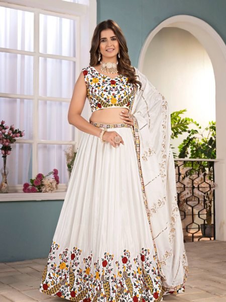 White Chinon Sequence Lehenga with Colorful Thread Work Wedding Special   Lehenga