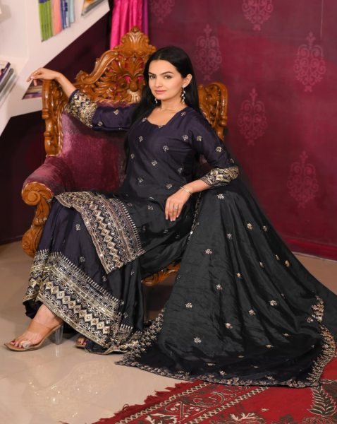 Designer Chinon Sequence Embroidery Work Full-Stitched Ethnic Top, Sharara, and Dupatta Set for Women Ready To Wear Collection