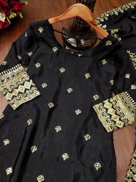 Designer Chinon Sequence Embroidery Work Full-Stitched Ethnic Top, Sharara, and Dupatta Set for Women Ready To Wear Collection