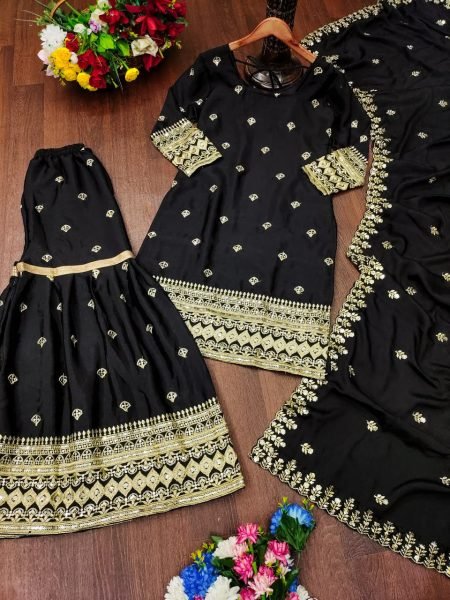 Designer Chinon Sequence Embroidery Work Full-Stitched Ethnic Top, Sharara, and Dupatta Set for Women Ready To Wear Collection