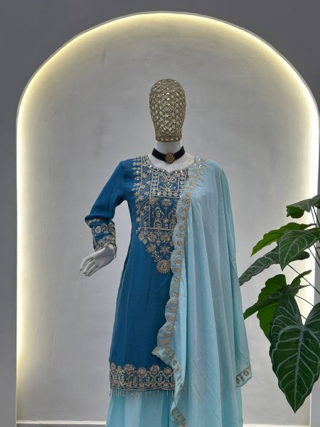 Designer Chinon Silk Kurti Palazzo Suit with Dupatta Eid   Festive Special Boutique Wholesale Collection Ready To Wear Collection