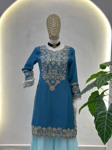 Designer Chinon Silk Kurti Palazzo Suit with Dupatta Eid   Festive Special Boutique Wholesale Collection Ready To Wear Collection
