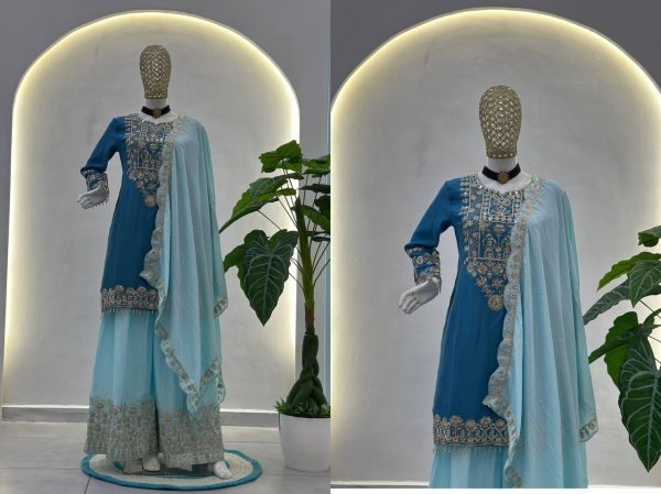 Designer Chinon Silk Kurti Palazzo Suit with Dupatta Eid   Festive Special Boutique Wholesale Collection Ready To Wear Collection