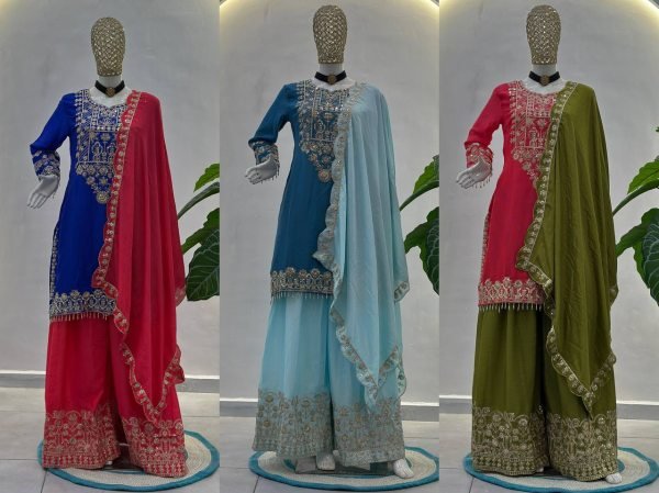 Designer Chinon Silk Kurti Palazzo Suit with Dupatta Eid   Festive Special Boutique Wholesale Collection Ready To Wear Collection