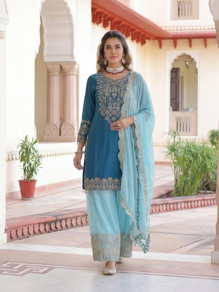 Designer Chinon Silk Kurti Palazzo Suit with Dupatta Eid   Festive Special Boutique Wholesale Collection Ready To Wear Collection