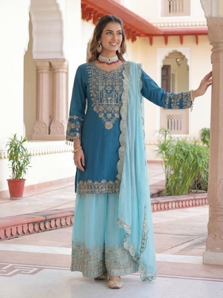Designer Chinon Silk Kurti Palazzo Suit with Dupatta Eid   Festive Special Boutique Wholesale Collection Ready To Wear Collection