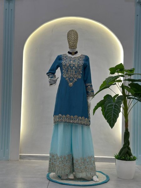 Designer Chinon Silk Kurti Palazzo Suit with Dupatta Eid   Festive Special Boutique Wholesale Collection Ready To Wear Collection