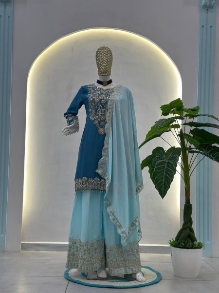 Designer Chinon Silk Kurti Palazzo Suit with Dupatta Eid   Festive Special Boutique Wholesale Collection Ready To Wear Collection