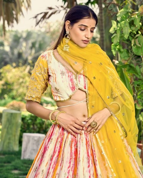 Designer Chinon Silk Lehenga Choli Set with Zari & Sequins Embroidery White & Yellow Haldi Wear Function at Low Price Designer Lehenga Choli