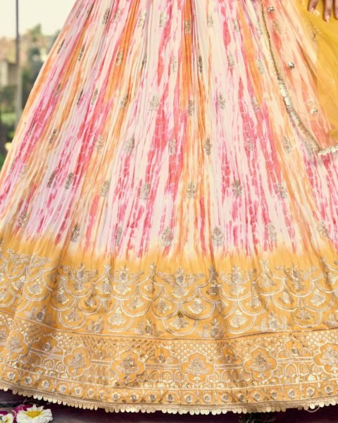 Designer Chinon Silk Lehenga Choli Set with Zari & Sequins Embroidery White & Yellow Haldi Wear Function at Low Price Designer Lehenga Choli