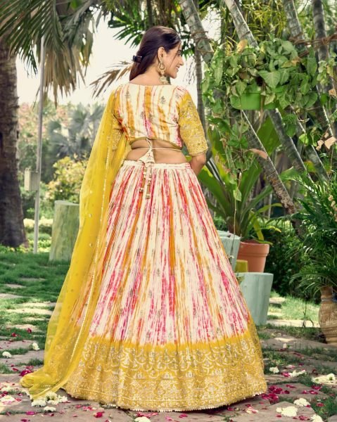Designer Chinon Silk Lehenga Choli Set with Zari & Sequins Embroidery White & Yellow Haldi Wear Function at Low Price Designer Lehenga Choli
