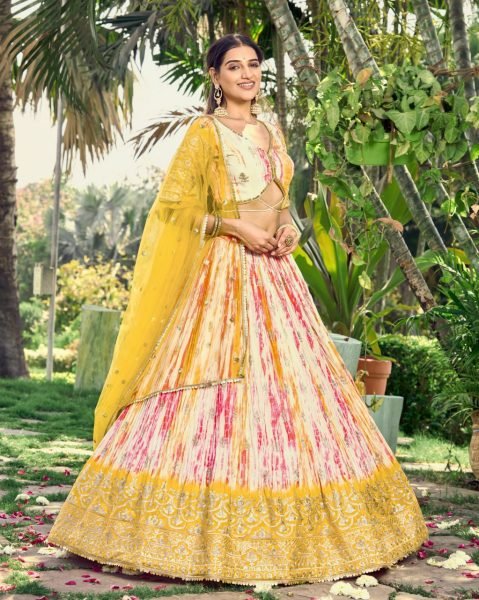 Designer Chinon Silk Lehenga Choli Set with Zari & Sequins Embroidery White & Yellow Haldi Wear Function at Low Price Designer Lehenga Choli