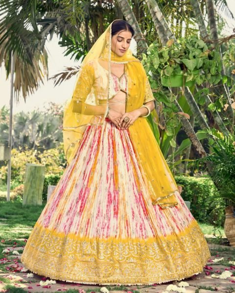 Designer Chinon Silk Lehenga Choli Set with Zari & Sequins Embroidery White & Yellow Haldi Wear Function at Low Price Designer Lehenga Choli