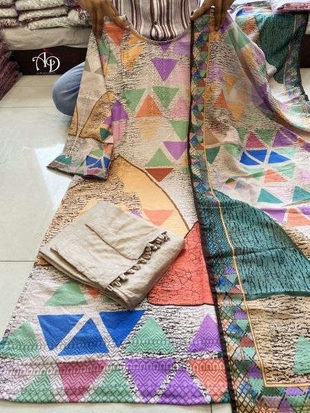 Designer Cotton Linen Suit With Digital Print  3 Piece Kurti Set