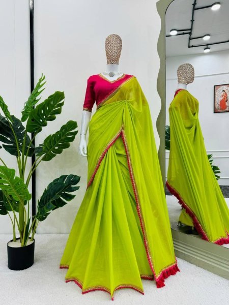 Designer Cotton Saree With Fancy Lace And Latkan On Pallu 