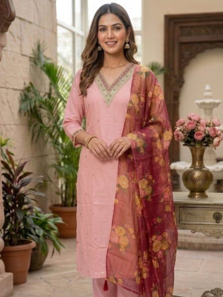 Designer Cotton Silk Embroidered Kurta Pant Set with Organza Dupatta  for Ladies  Kurtis