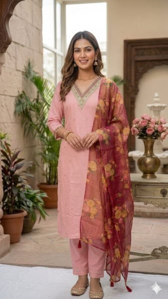 Designer Cotton Silk Embroidered Kurta Pant Set with Organza Dupatta  for Ladies  Embroidery Kurtis 