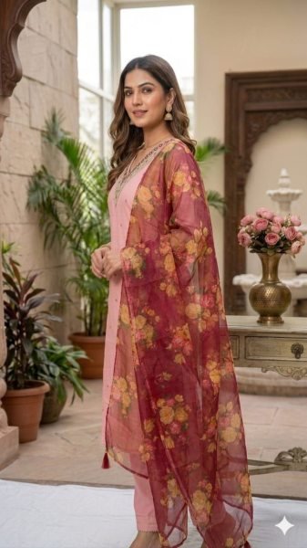 Designer Cotton Silk Embroidered Kurta Pant Set with Organza Dupatta  for Ladies  Embroidery Kurtis 
