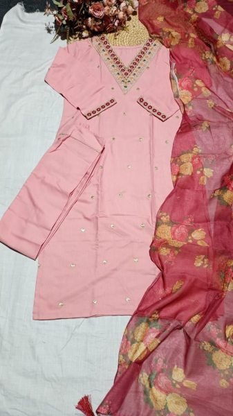 Designer Cotton Silk Embroidered Kurta Pant Set with Organza Dupatta  for Ladies  Embroidery Kurtis 