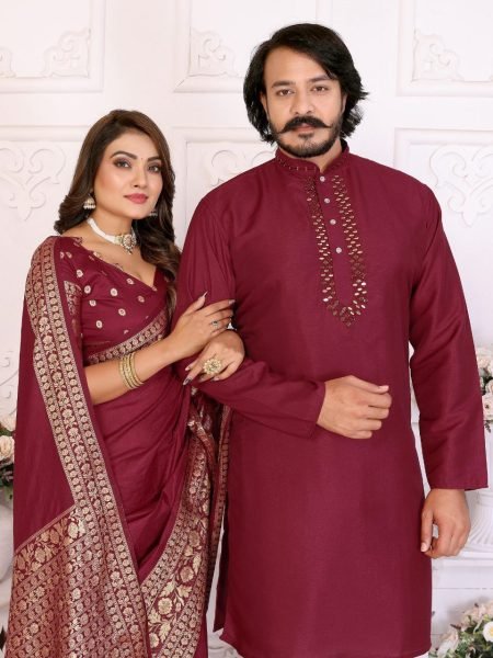 Designer Couple Combo Set Mens Silky Kurta Pajama & Womens Dola Silk Saree New Collection with Reseller Best Offers Couple Combo collection 