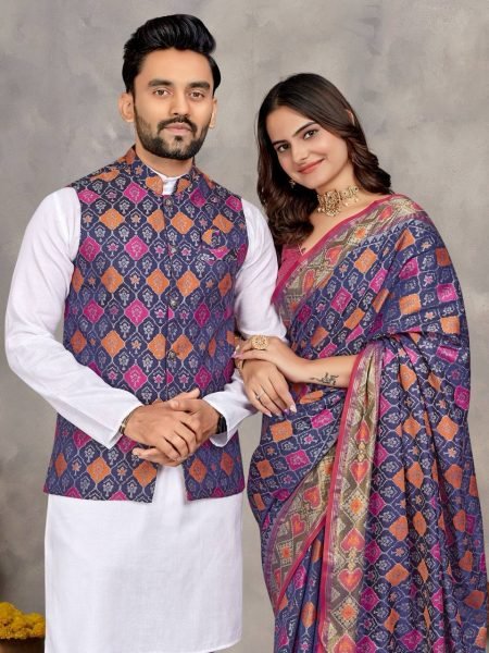 Jacquard Couple Set Mens Kurta Pajama with Silk Koti and Womens Saree Couple Combo collection 